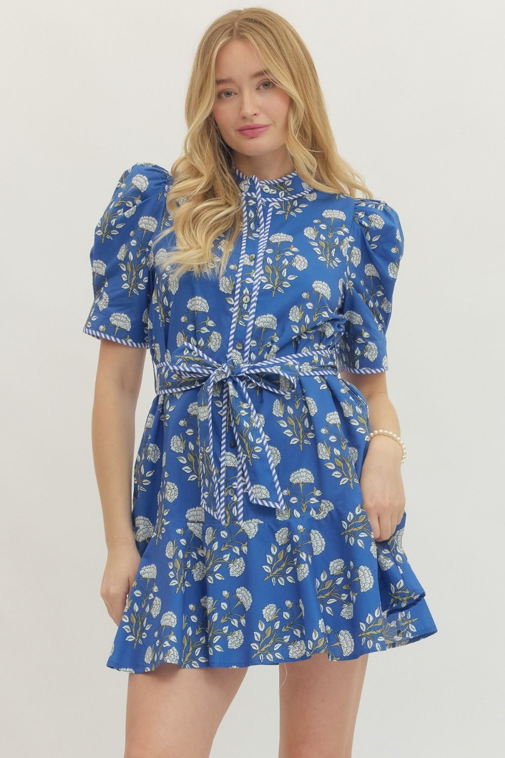 Blue Print Short Puff Mini Dress – Accents Home & Gifts