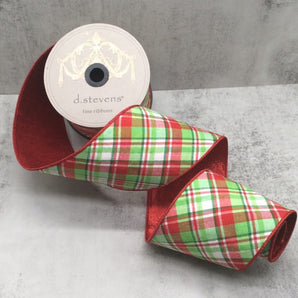 D Stevens 4” Lime/Red/White Diagonal Plaid Ribbon