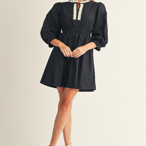 Lovely Solid Black Dress with Trim Accent