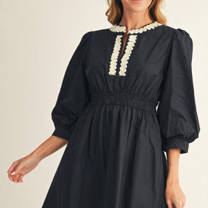 Lovely Solid Black Dress with Trim Accent