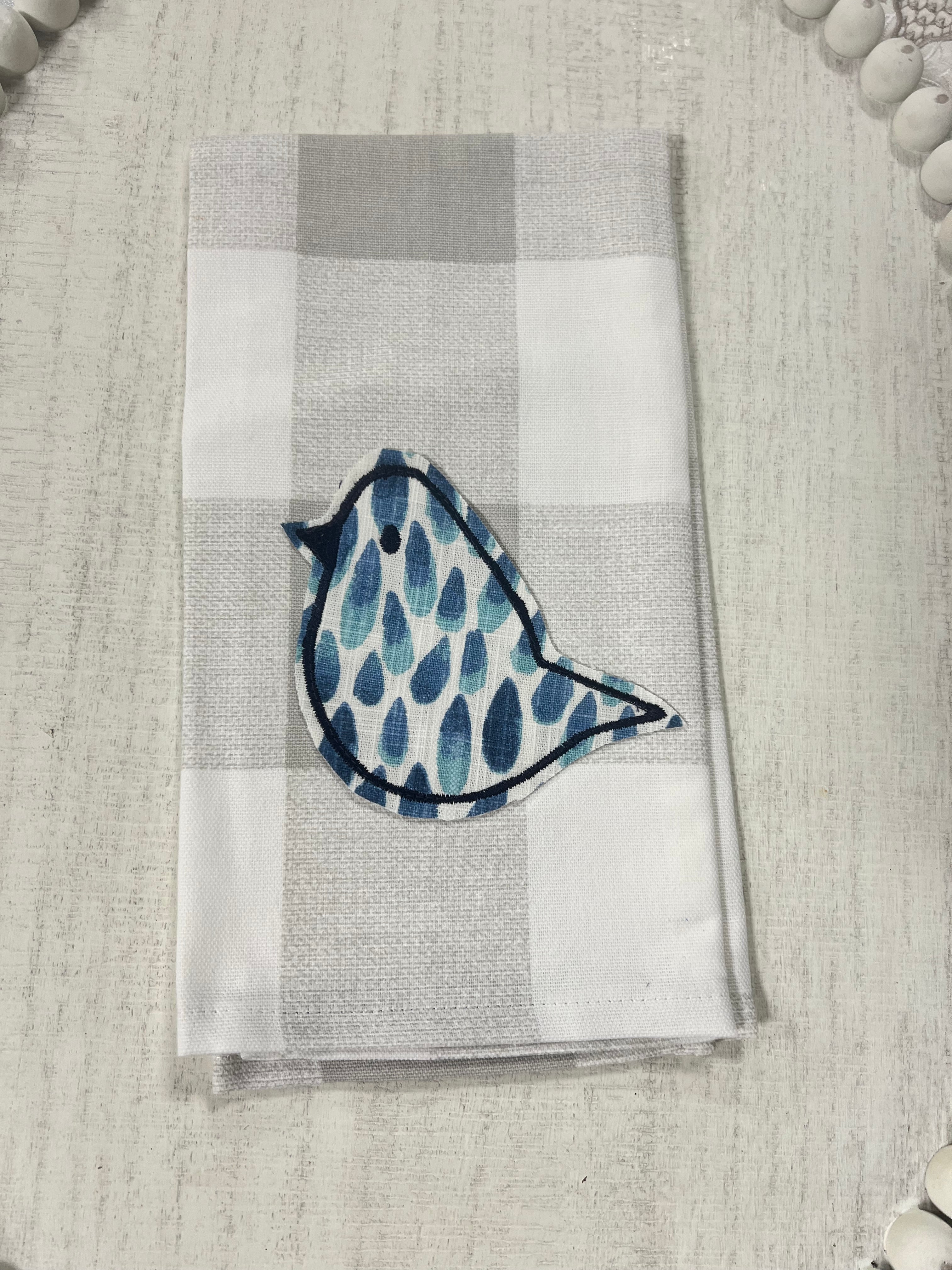 Blue Bird on Grey Plaid Towel