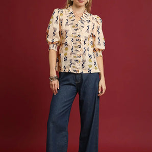 Floral Ruffle Trim Puff Sleeve Blouse