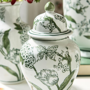 Green and White Chinoiserie Jar