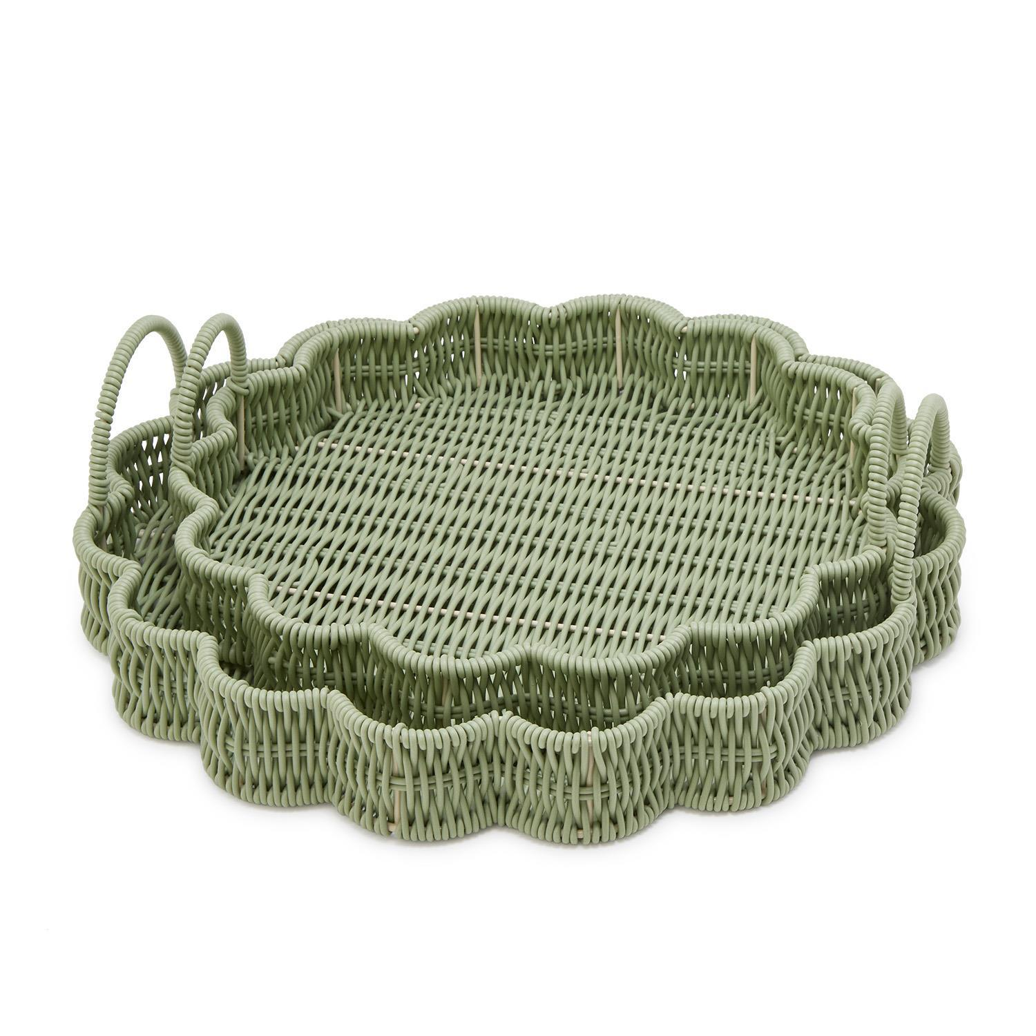Green Wicker Scalloped Round Tray - Thumbnail 2