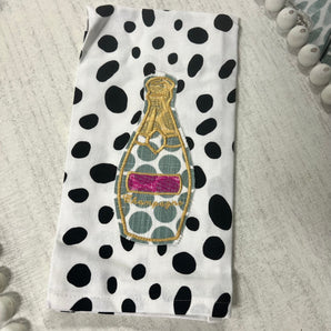 Champagne Bottle on Black Dot Towel