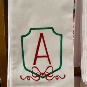 Green Shield with Red Bow Initial Hand Towel