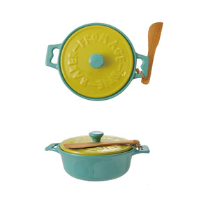 Aqua and Lime Stoneware Brie Baker