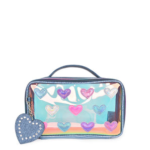 Metallic Heart-Patched Clear Glazed Top-Handle Pouch