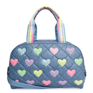 Denim Quilted Heart-Patched Medium Duffle Bag