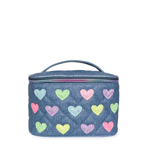 Glitter Heart-Patched Denim Quilted Glam Bag