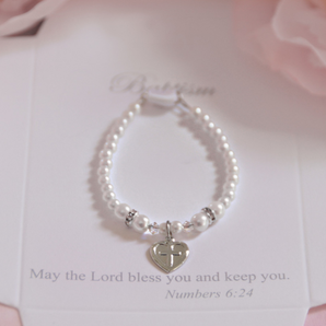 Pearl Bracelet with Silver Heart Cross