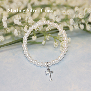 Infant Glass Pearl with Sterling Silver Cross Bracelet