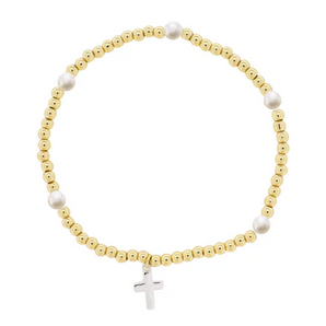 Gold & Pearl Silver Cross Bracelet