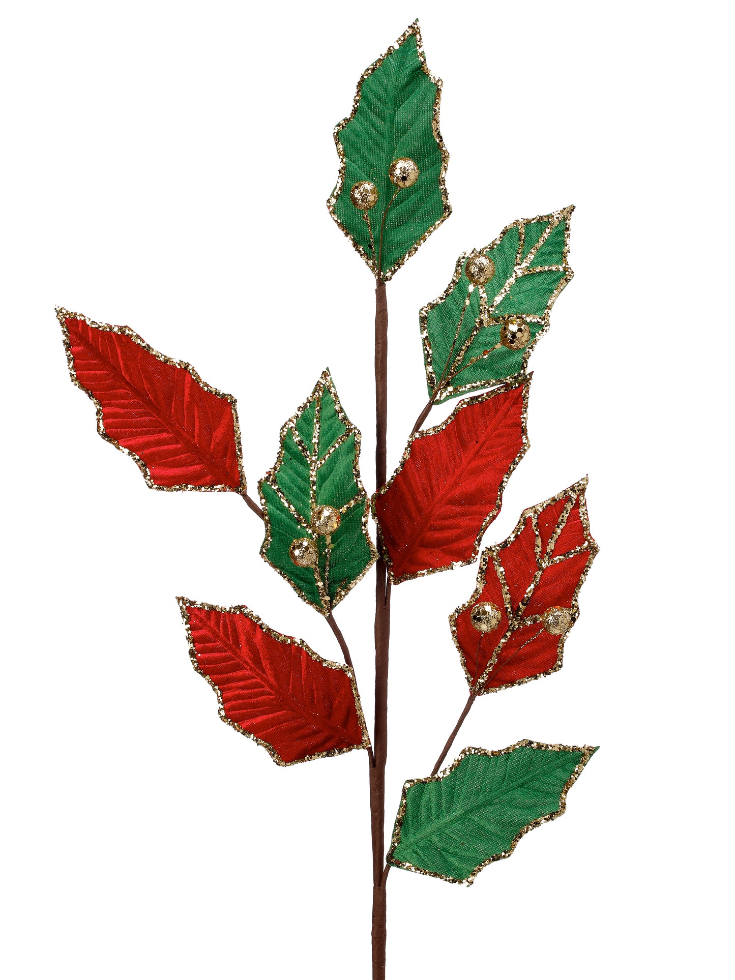 Red/Green/Gold Velvet Veined Leaf Spray