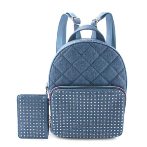 Denim-Printed Rhinestone Quilted Mini Backpack with Coin Purse