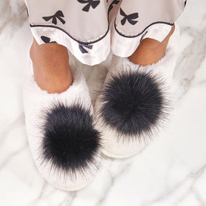 Ivory Black Plush Slippers