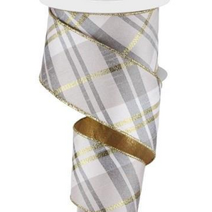 2.5" Grey/White/Gold Plaid Ribbon