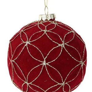 Red Geometric Flocked Glass Ball Ornament