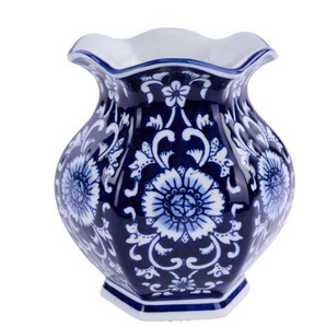 7.5" Dark Blue Chinoiserie Fluted Vase