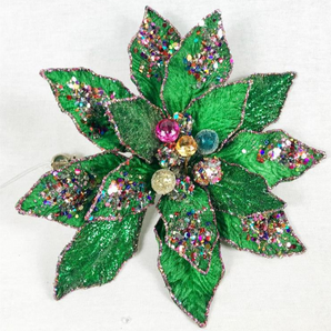 Green Velvet Glitter Poinsettia Clip