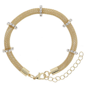 Gold Round Mesh Chain Crystal Bracelet