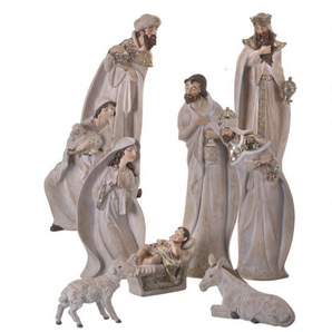 Set of 9 Whitewash Nativity with Gold Rim