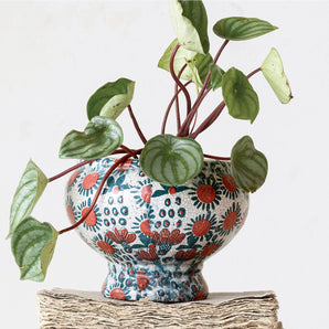 Pink/Teal Terracotta Footed Planter with Pattern
