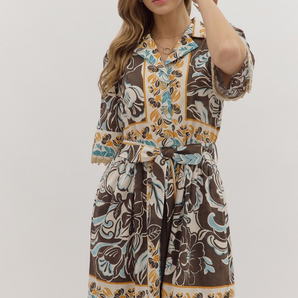 Brown Floral Short Sleeve Midi Dress