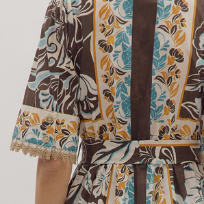 Brown Floral Short Sleeve Midi Dress