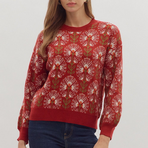 Burgundy Floral Pattern Long Sleeve Sweater