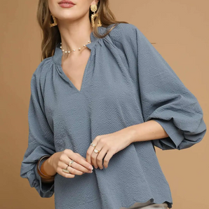 Split V Neck Top with Balloon Sleeves
