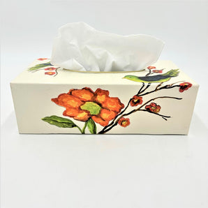 Wood Tissue Box Cover Birds with Orange Flowers