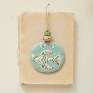 Metal Ornament with Bird and Wood Beads